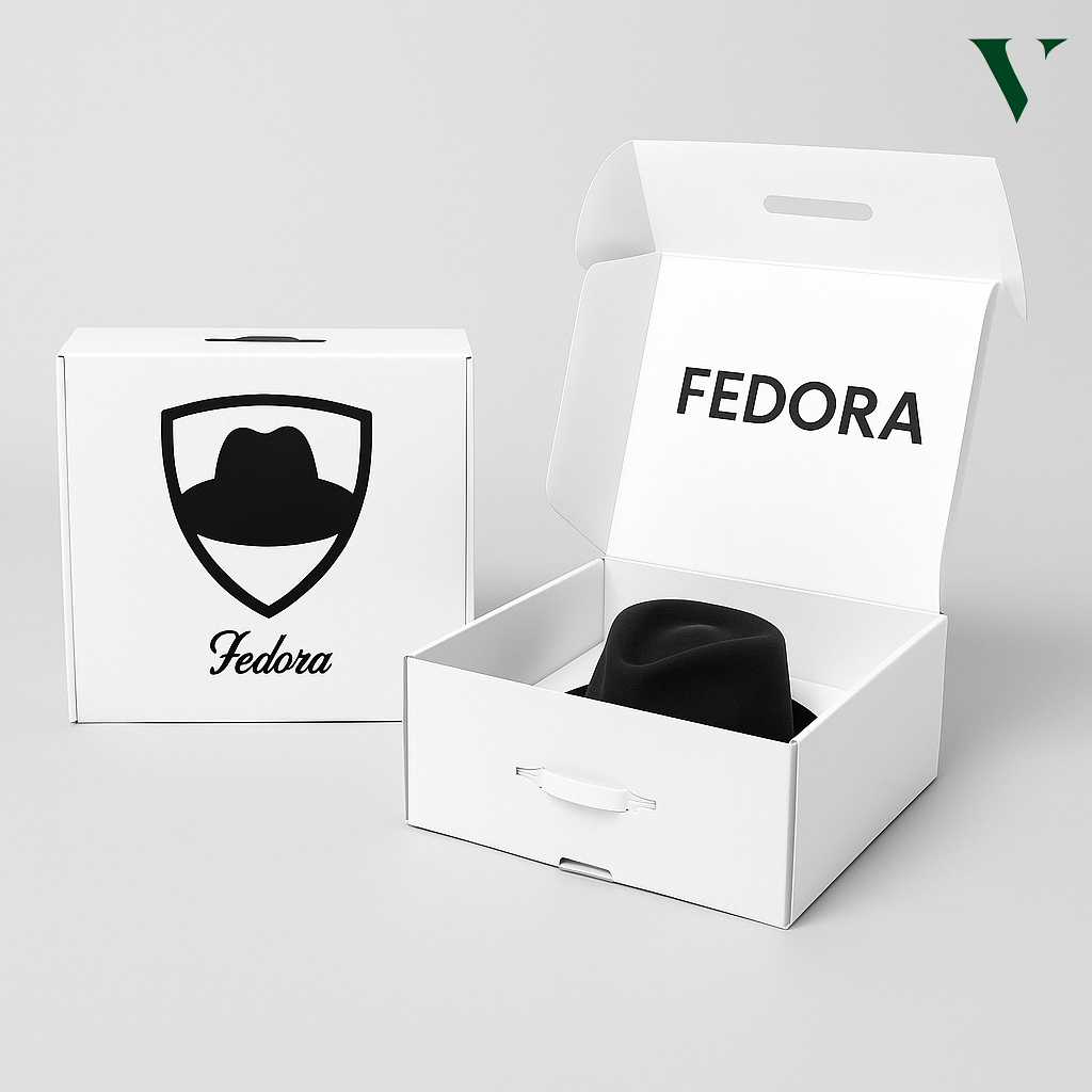 Stylish hat boxes with printed logos and textured surfaces