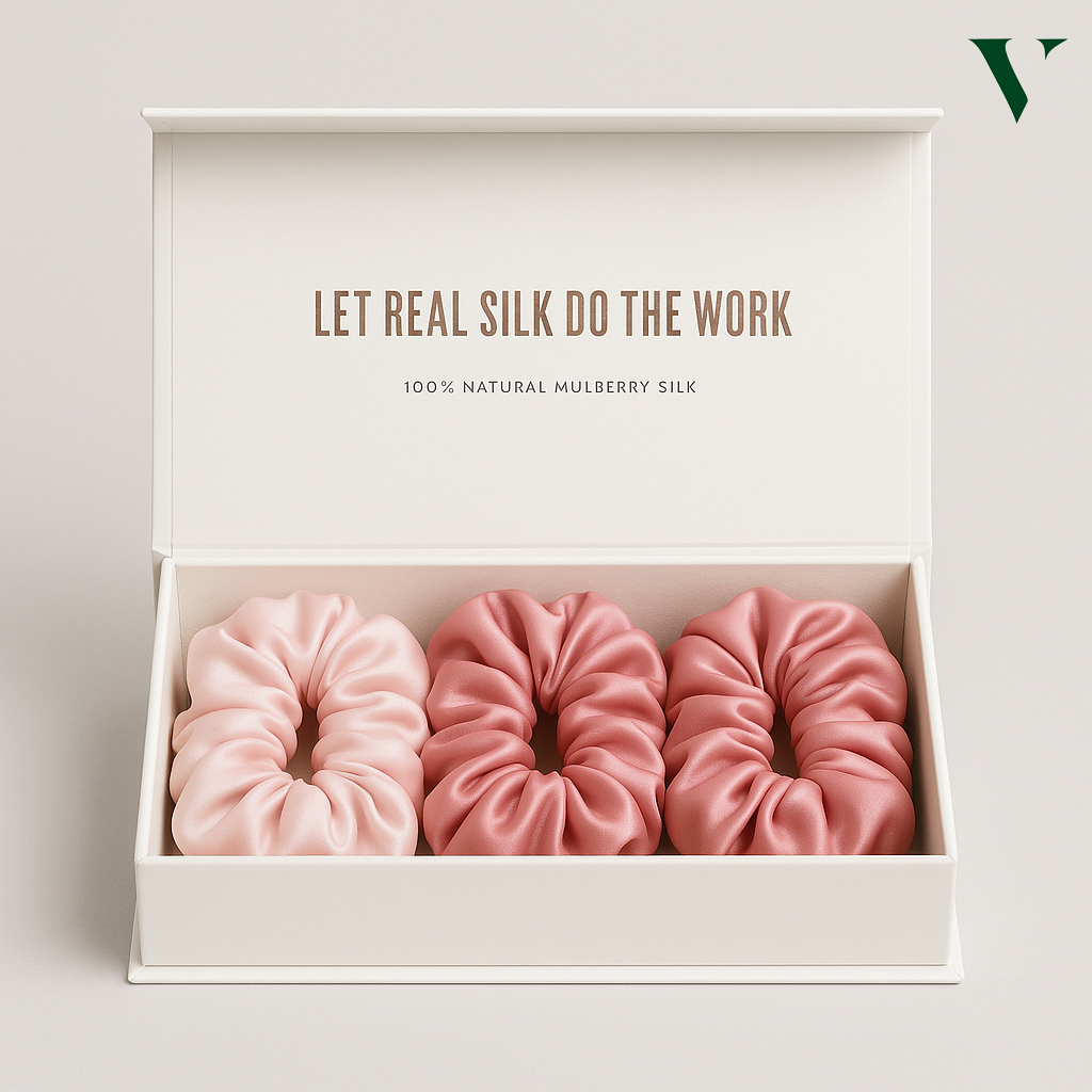 Premium scrunchies packaging highlighting brand logo and colorful work