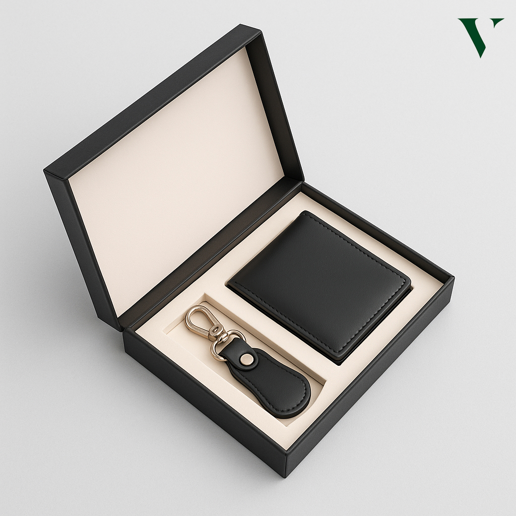 Minimalist wallet packaging highlighting brand logo and craftsmanship