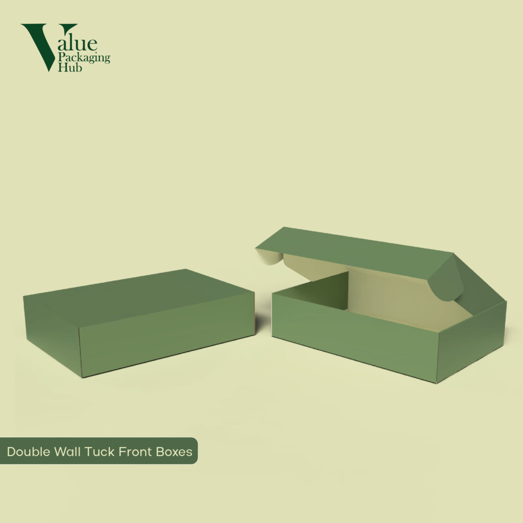 Custom double wall tuck front box offering secure product storage and protection.