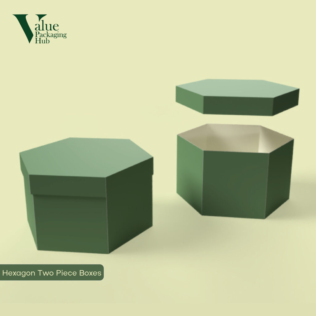 Order custom hexagon two piece boxes with a removable lid for classic unboxing