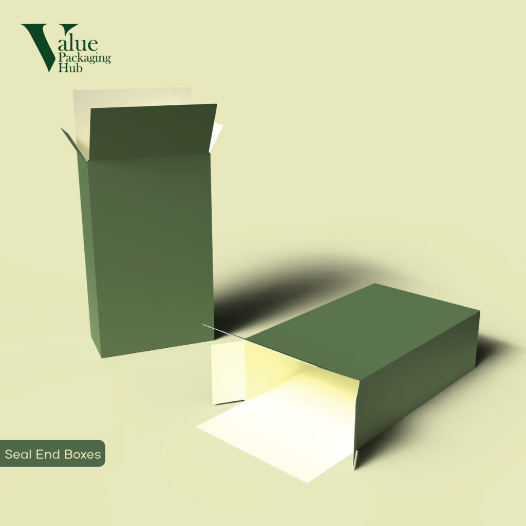 Versatile custom seal end boxes suitable for food and consumer goods