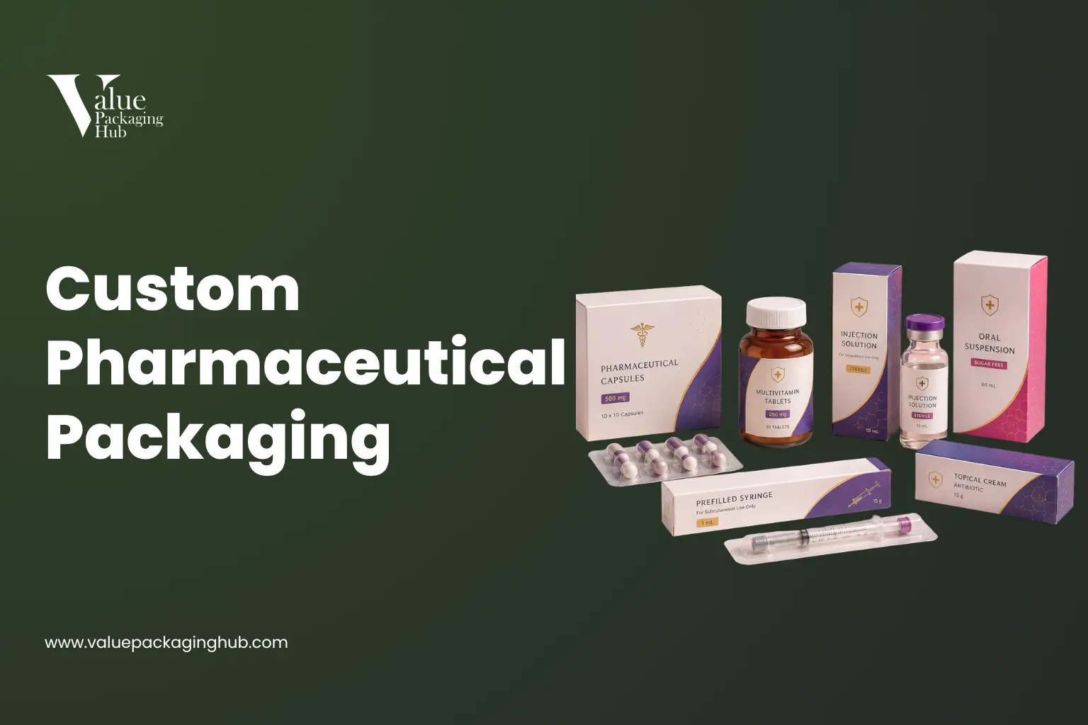 Custom pharmaceutical packaging boxes with printed drug labels and tamper-evident seals on a white background