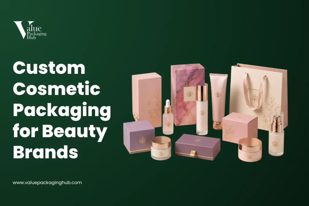 Custom cosmetic packaging boxes with luxury finishes displayed for a beauty brand product line
