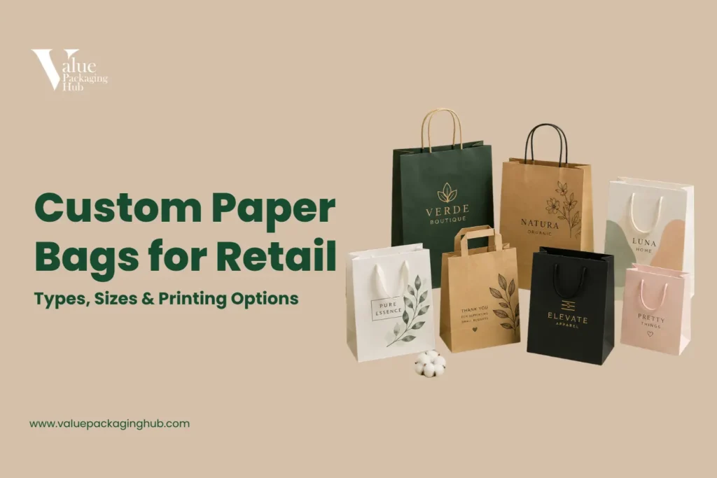 Custom printed paper bags with logo in kraft and white for retail boutique branding