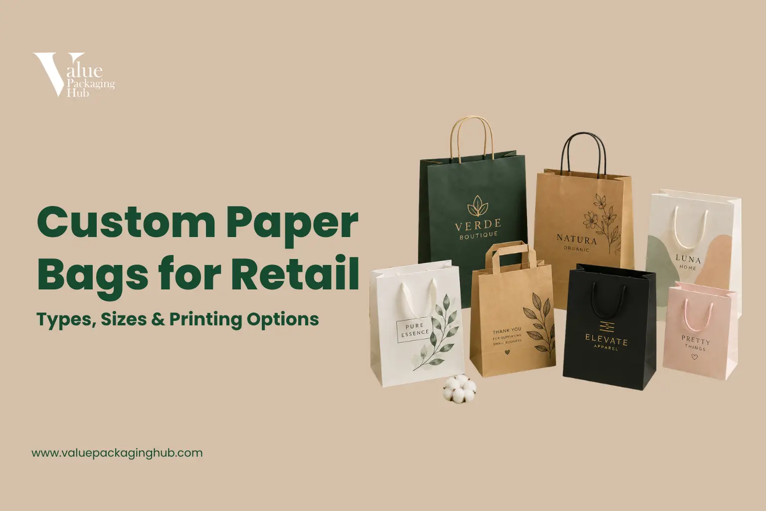 Custom printed paper bags with logo in kraft and white for retail boutique branding