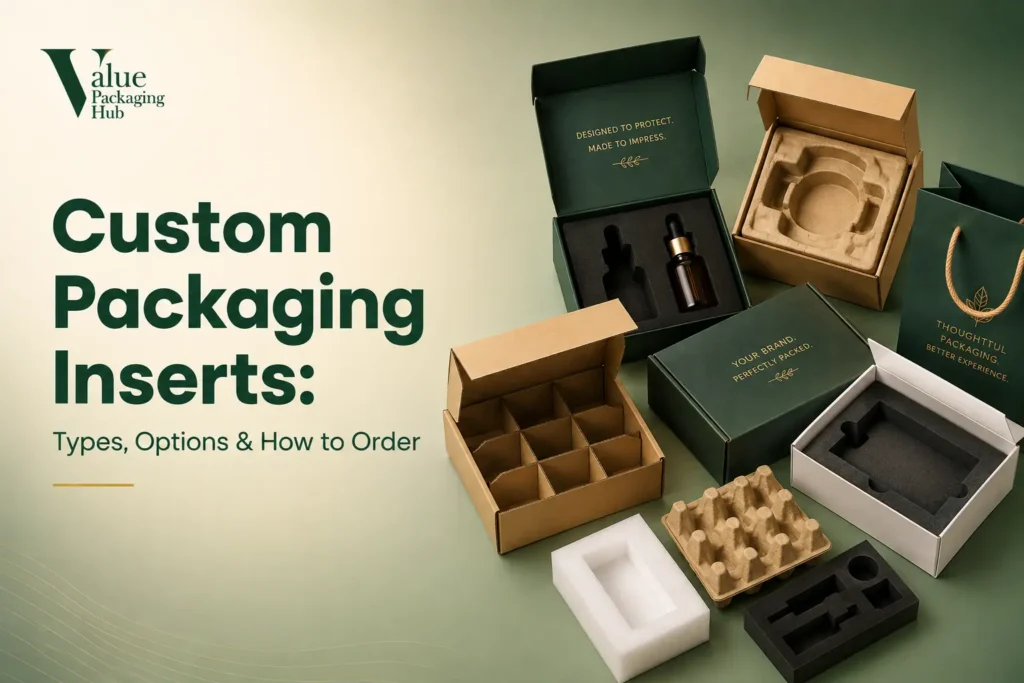 Custom foam and cardboard packaging inserts inside a branded box for product protection during shipping