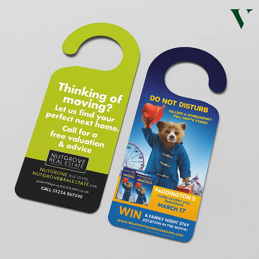 Custom door hangers with die-cut holes for marketing and hotel services.
