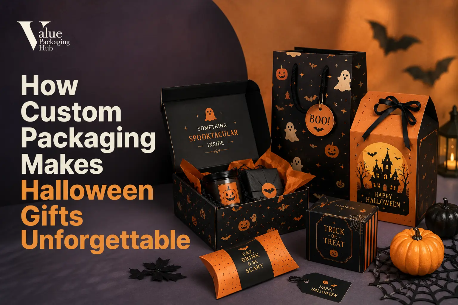 Custom Halloween gift boxes and goodie bags with spooky themed packaging designs for trick or treat and boo baskets