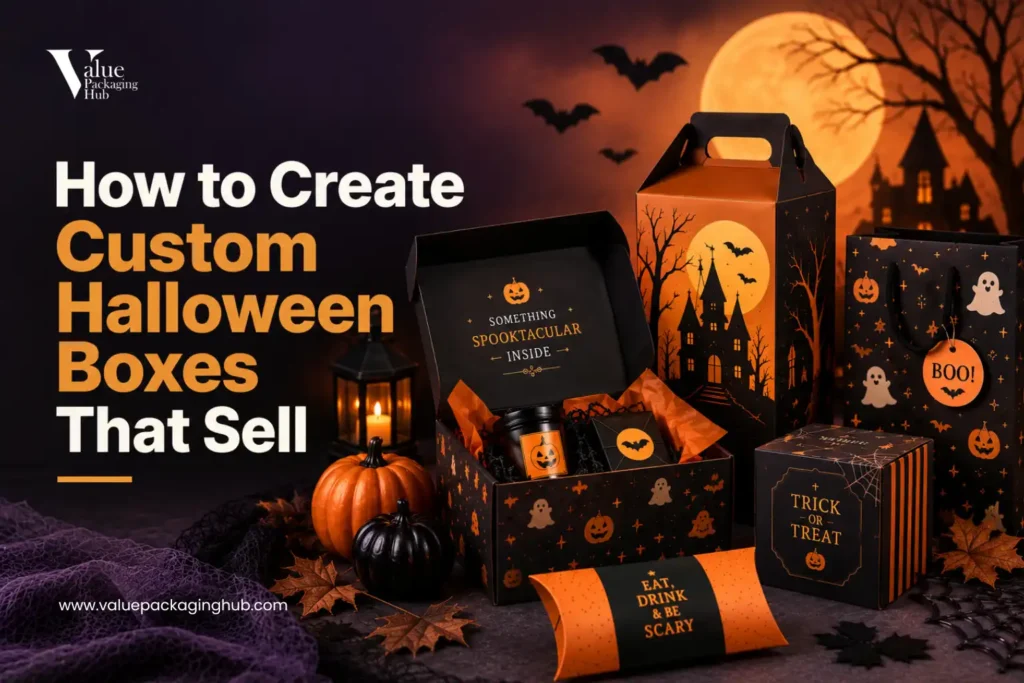Custom halloween boxes in orange, black and purple with spooky designs for halloween gift boxes, treat boxes, and mailer boxes.