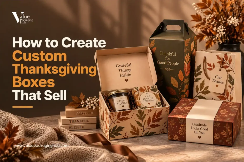 Custom Thanksgiving gift boxes in warm amber and gold tones with harvest themed designs for corporate gifts and cookie boxes.