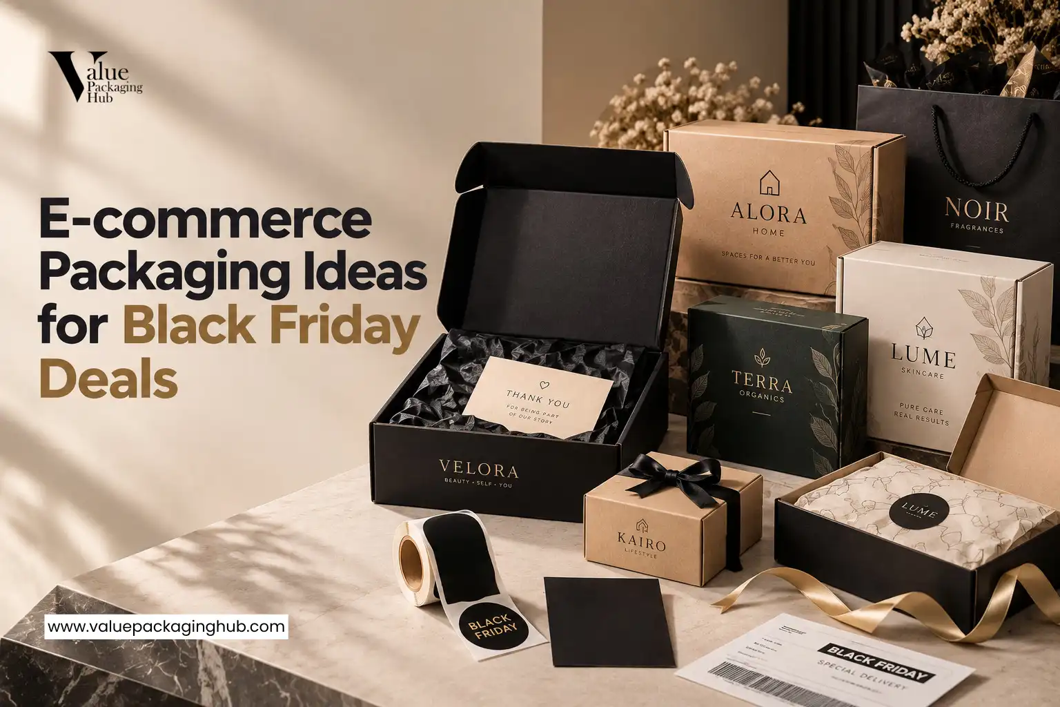 Ecommerce packaging ideas for Black Friday deals including branded mailer boxes and custom printed packaging