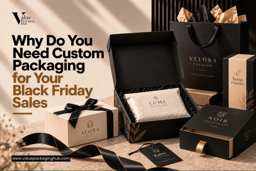 Custom packaging for Black Friday sales including branded boxes and mailer boxes